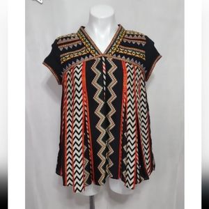 Ranna Gill Anthropologie Embroidered A-Line Boho Luxe Artisan Cap Sleeve Blouse